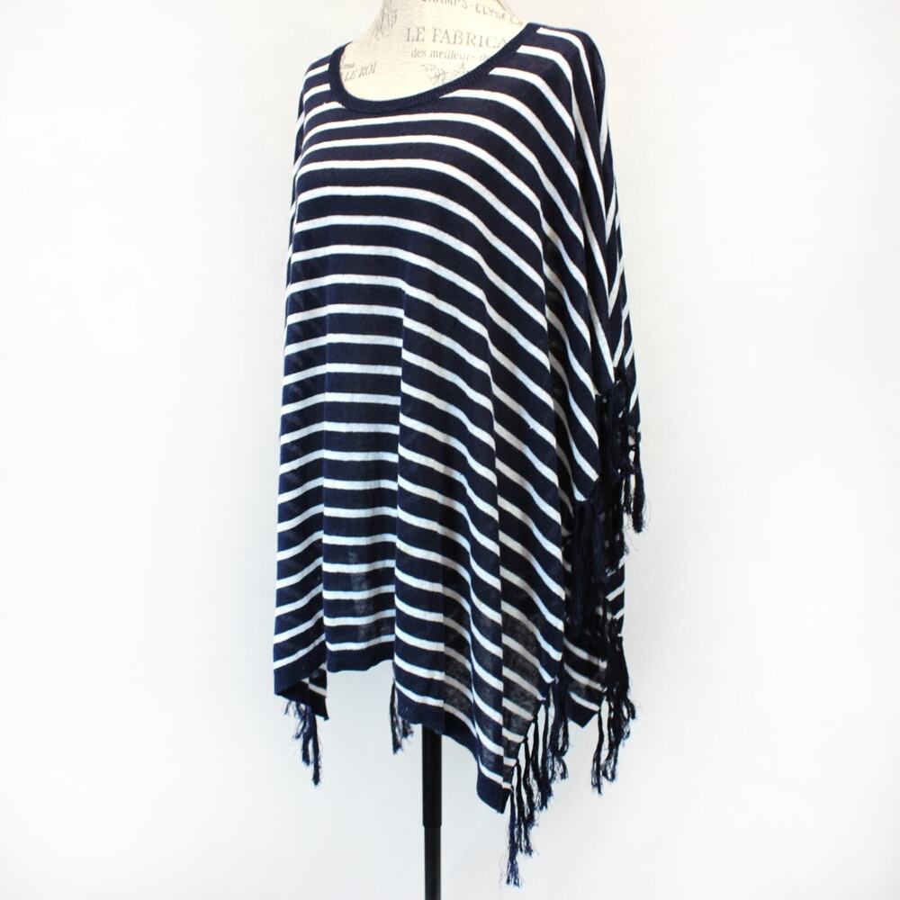 Talbots nautical navy linen blend poncho top cover up tassels small fits large